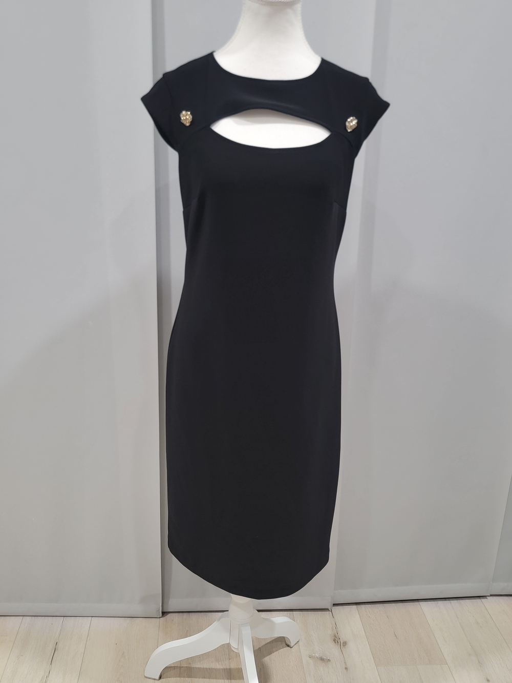 Joseph Ribkoff Black Midi Dress with Cutout and Gold Buttons